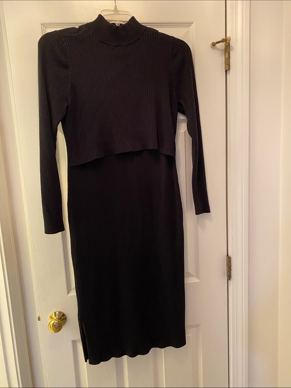 Maternity Stretchy Long Sleeve Ribbed Mock Neck Black Dress